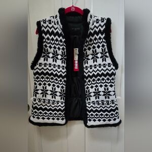 Talbots Black & White Fair Isle Knit Sweater Vest Lined Faux Fur Trim Med Petite